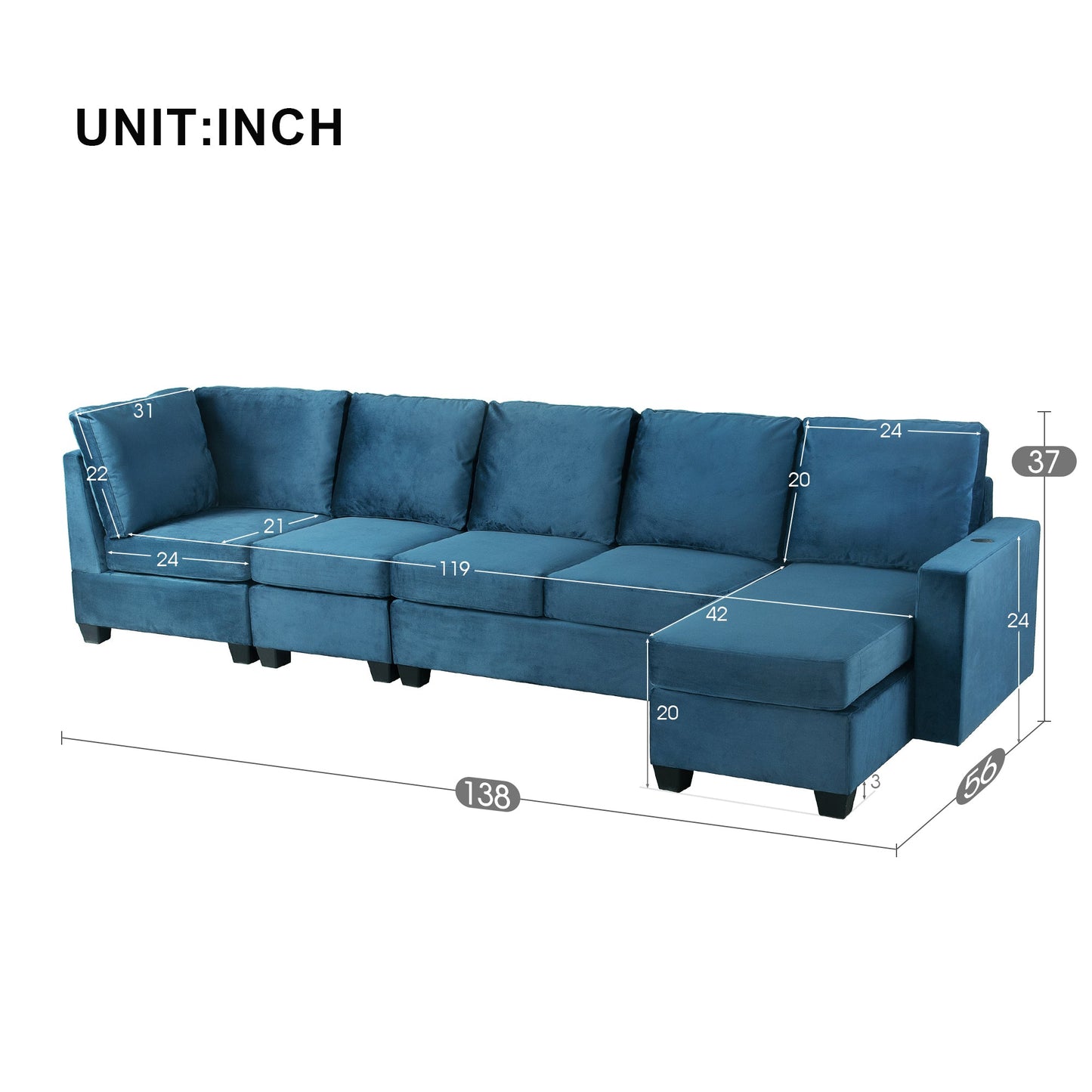 Navy Velvet Modular L-Shaped Sectional Sofa – Sophisticated Comfort with Modern Functionality